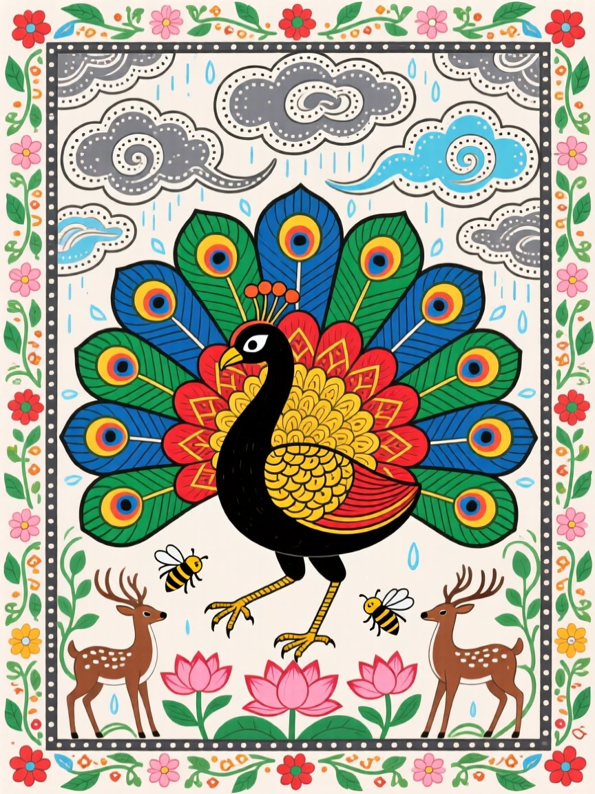 A peacock dancing with its tail fully open before the first monsoon clouds.