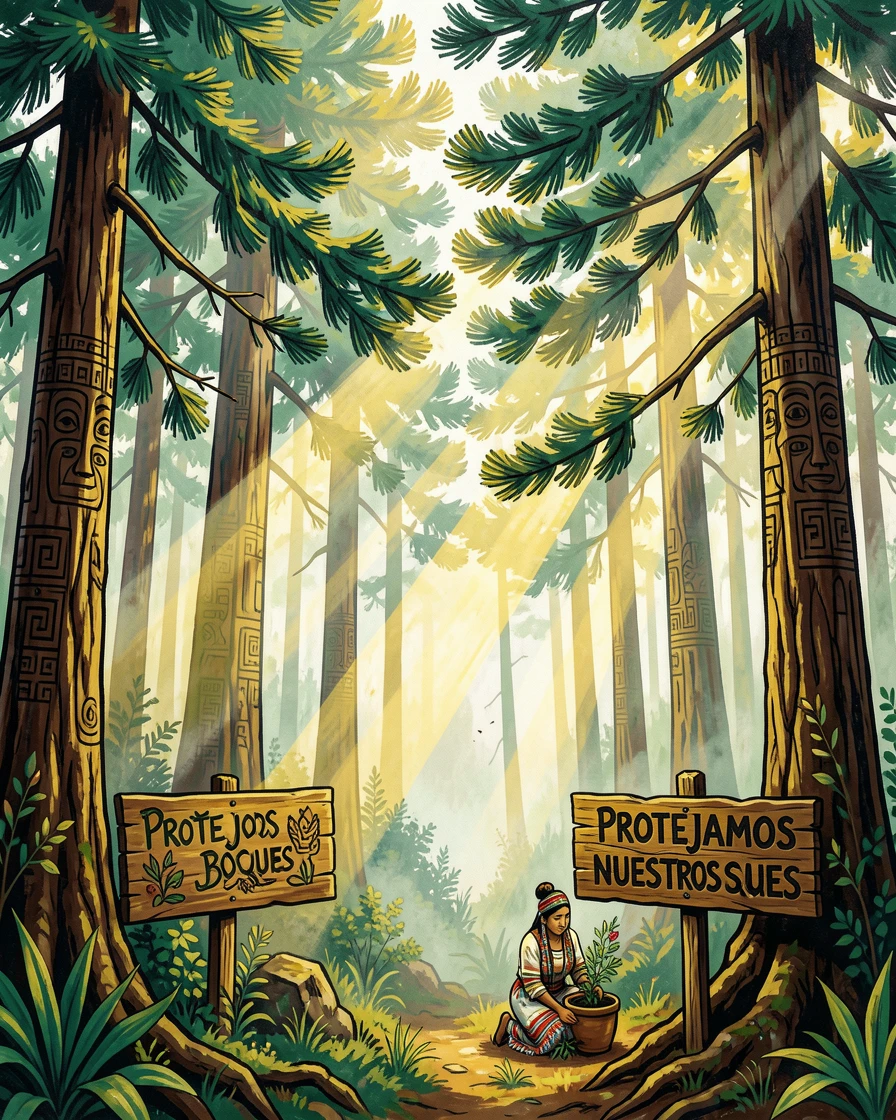 A misty pine forest with sunbeams filtering through the canopy