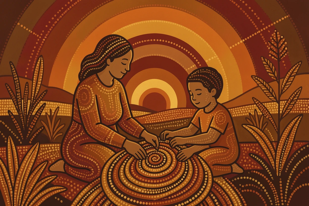 A grandmother teaching a child to weave at sunset