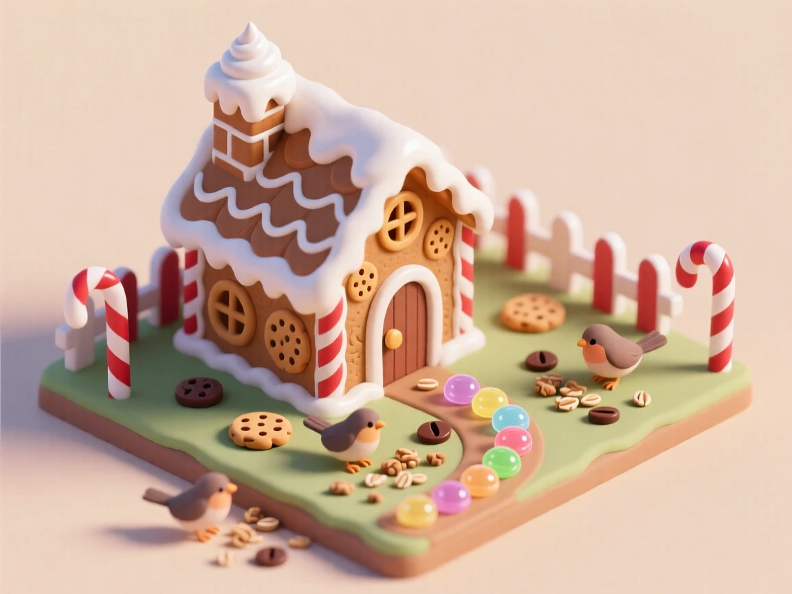 A gingerbread-style cottage with candy cane fence posts, a gumdrop path, a chimney topped with a swirl of icing, and a trail of birds pecking at cookie crumbs.
