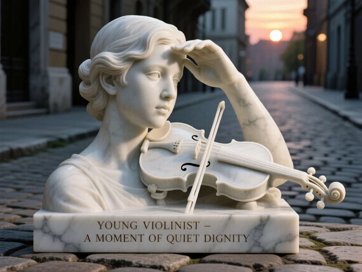 A close-up portrait of a young violinist, shielding their eyes from the sun, on a quiet cobblestone street at dusk, radiating quiet emotion and dignity