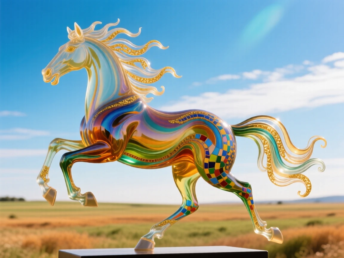 A galloping wild horse with mane and tail streaming, racing across an open prairie under a wide sky, untamed and exhilarating.