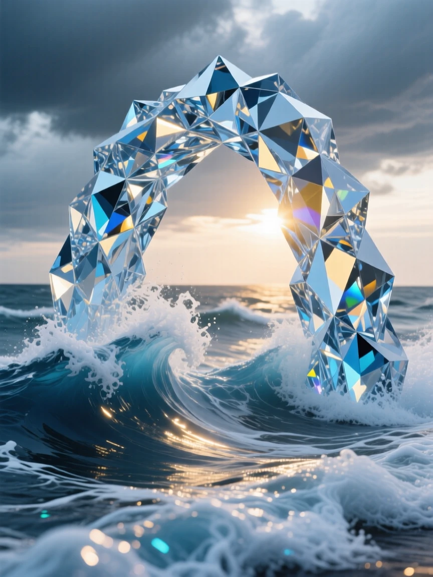A dramatic sea arch battered by crashing waves, spray illuminated by a low sun breaking through storm clouds.