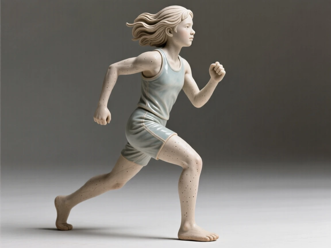 A young athlete captured mid-stride standing proudly with chin lifted high, with delicate strands of hair catching the breeze, evoking tenderness and quiet intimacy.