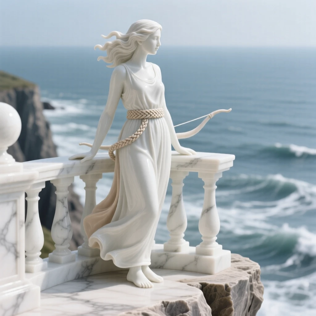 A huntress standing atop a windswept cliff, wearing a simple linen dress with a woven belt, her posture calm and dignified, set against a marble balcony overlooking the sea.