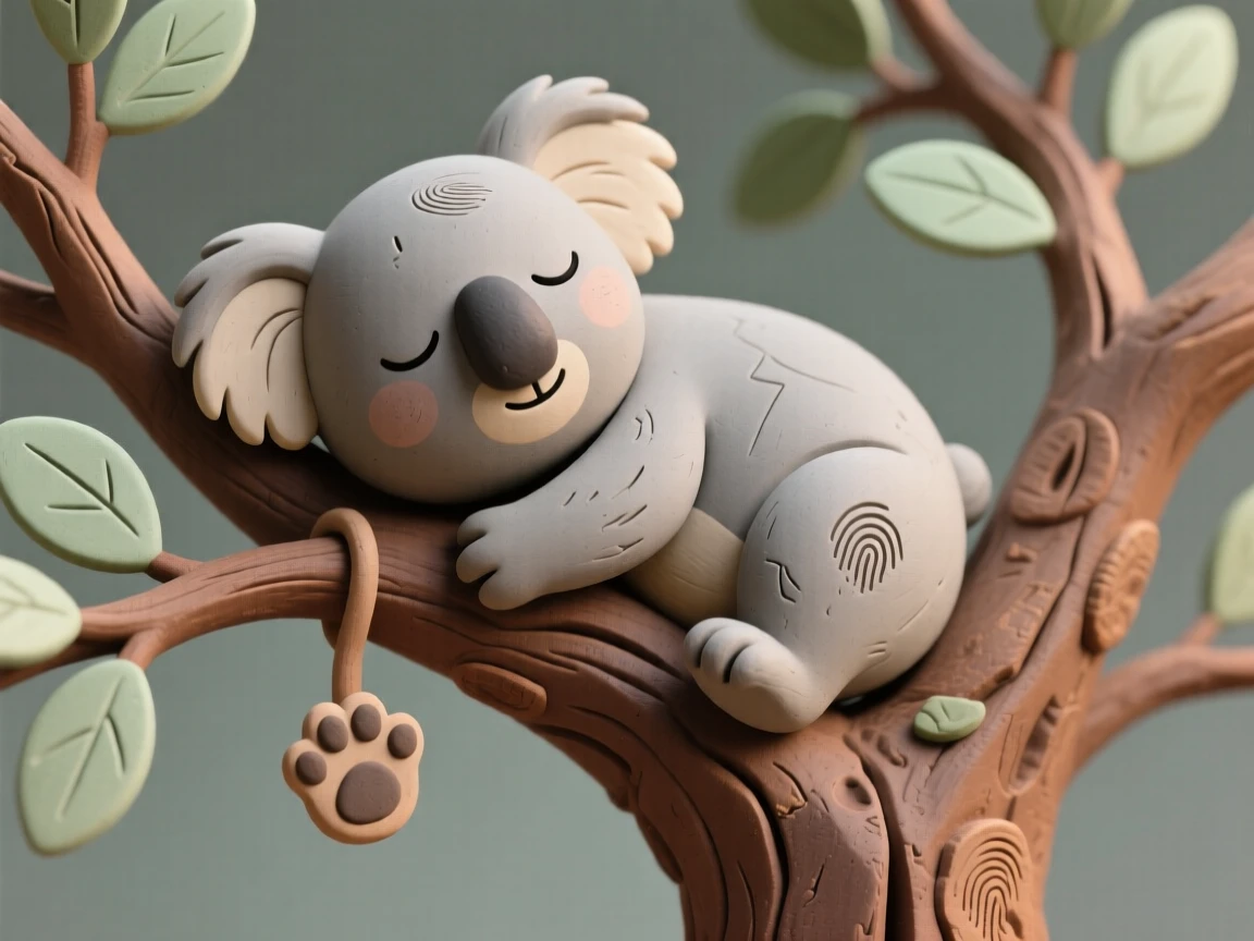 A koala napping in the fork of a eucalyptus tree, one paw dangling