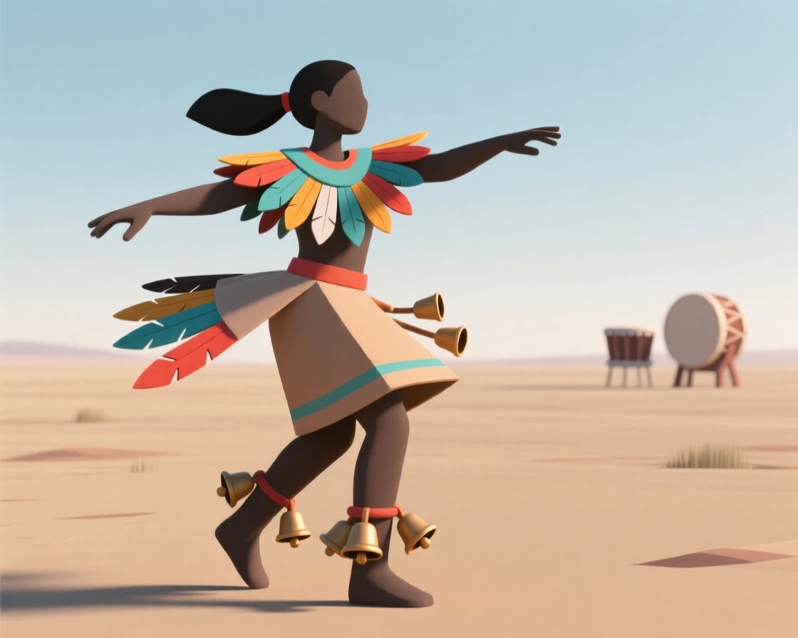 A Native American powwow dancer spins in vibrant feathered regalia, bells jingling on her ankles as drums echo across the open plain.