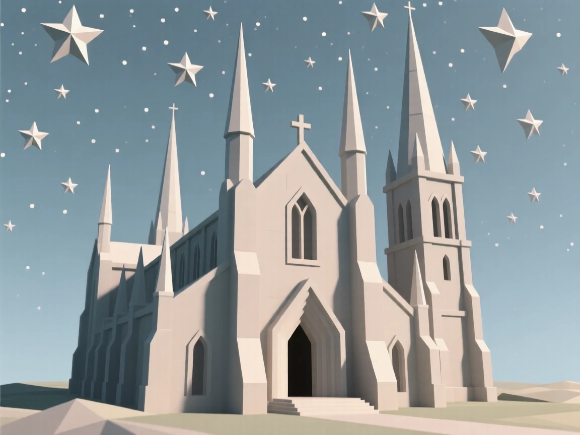 A grand cathedral with soaring stone spires, beneath a sky full of stars. fine architectural details are rendered with clarity. A gentle, welcoming warmth fills the air.