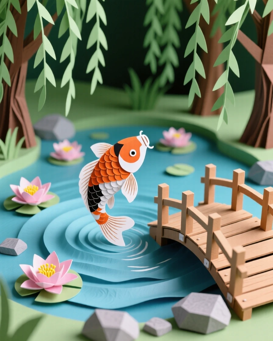 A tranquil koi pond surrounded by weeping willows and blooming water lilies, gentle ripples on the surface from a leaping fish, a small wooden footbridge arching overhead, suggesting peaceful contemplation.
