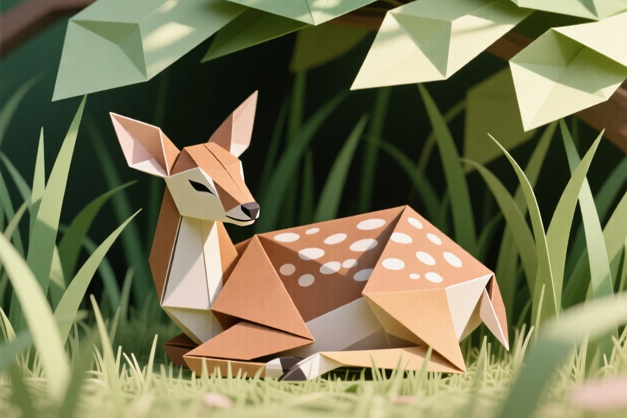 A fawn lying curled in tall meadow grass with sunlight through leaves dappling its spotted coat, ears alert toward an unseen sound.