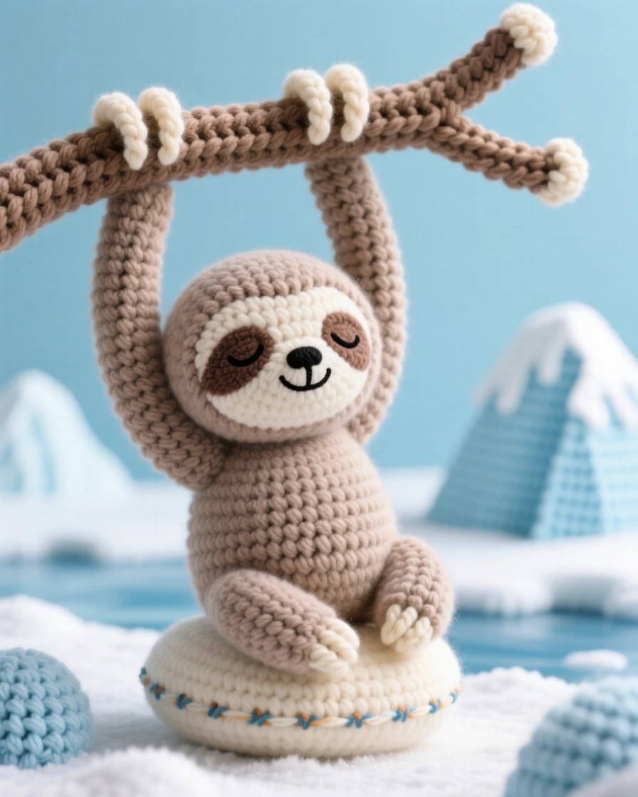 A heartwarming close-up of a baby sloth, with long curved claws and a sleepy smile, hanging upside down from a branch with eyes half closed in an icy arctic landscape with distant blue glaciers; a soft round pillow tucked beneath it completes the scene, radiating playful mischief bubbling just beneath the surface.
