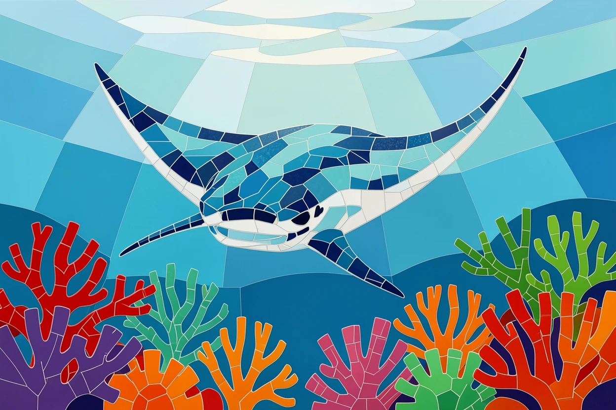 A vivid underwater scene of a giant manta ray gliding gracefully over a coral reef, rich in color and serene movement.