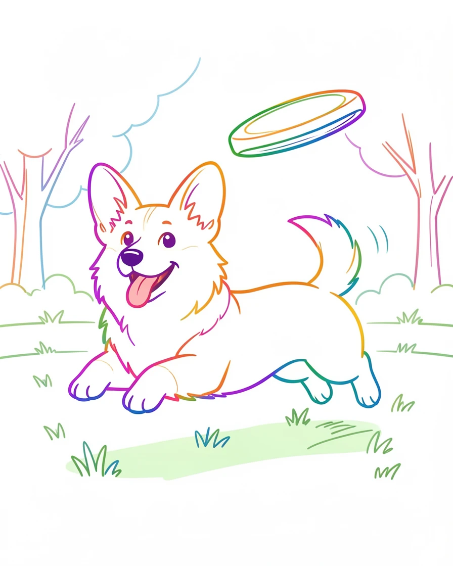 A corgi mid-leap chasing a frisbee across a grassy park, ears flopping, tongue out in pure joy.