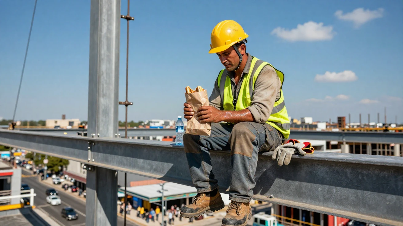 A construction worker eating lunch atop a steel beam