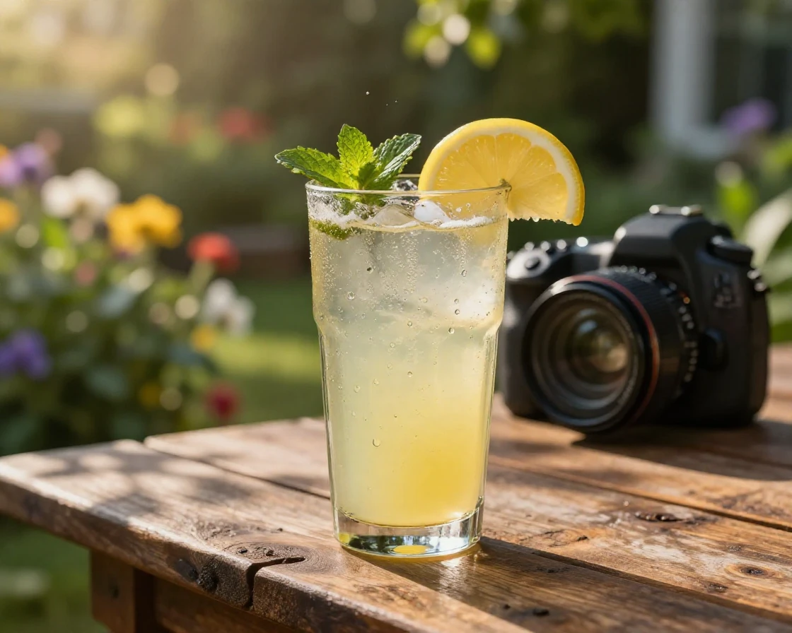 A frosty glass of lemonade sweating on a table beside a summer garden