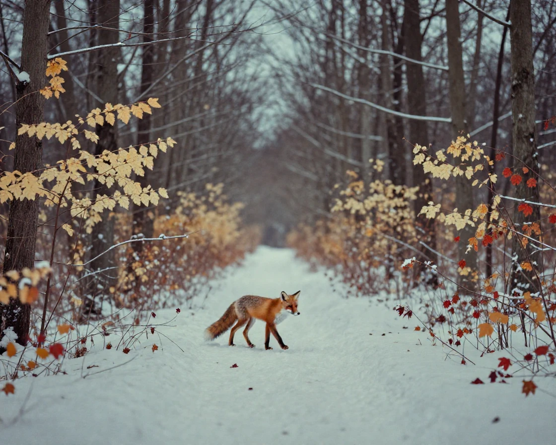 A red fox pausing mid-stride in a snow-dusted forest, in cool blue twilight, on a clear, cloudless day, as autumn leaves turn gold and red, in warm honey and cream tones, framed symmetrically down a long corridor.