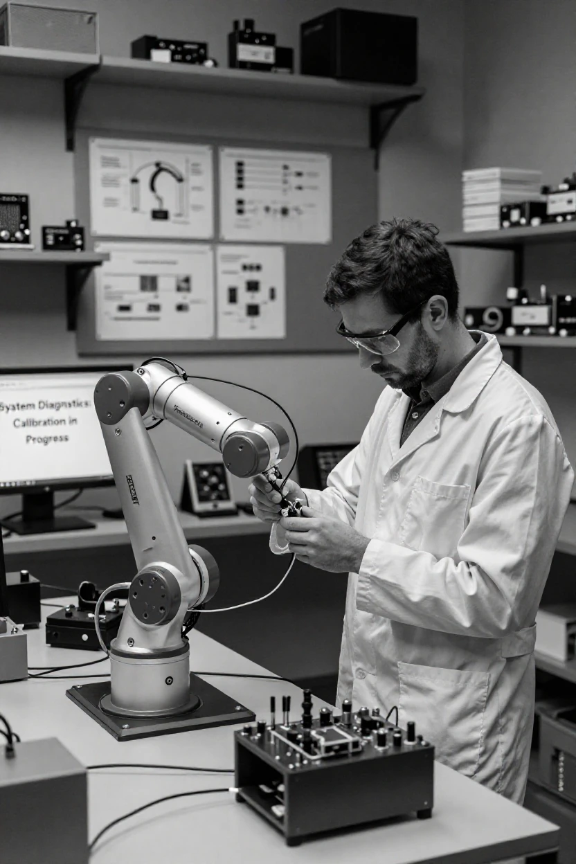 A robotics engineer assembles a robotic arm inside a robotics workshop.
