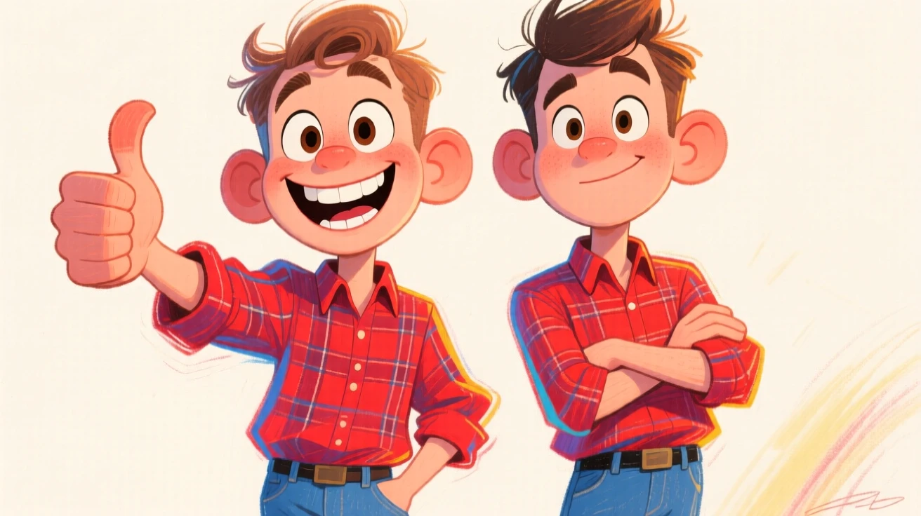 A pair of identical twin brothers in matching outfits, one giving a thumbs up and the other crossing his arms.