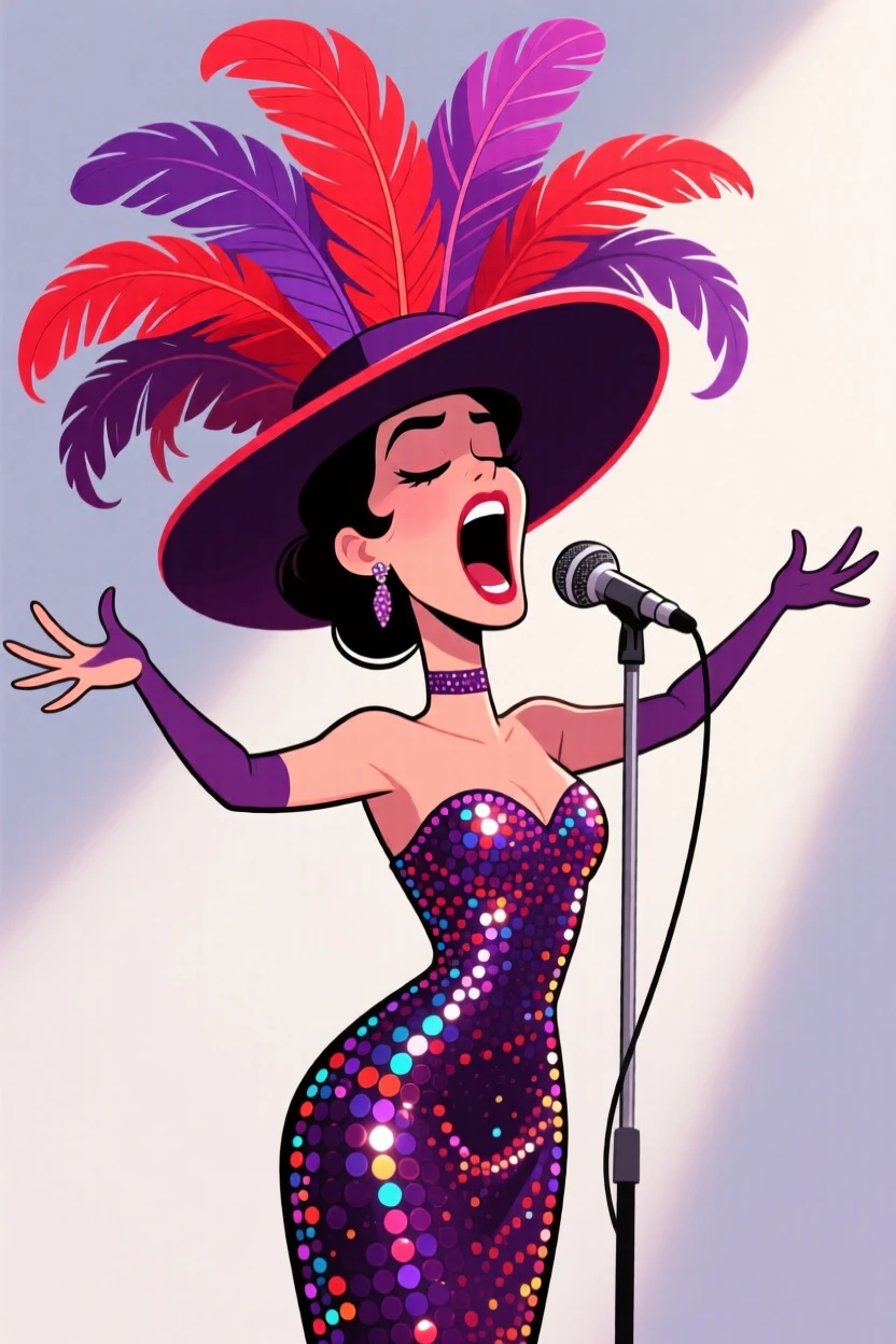 A charming portrait of a glamorous opera singer mid-note, arms outstretched, wearing a sparkling gown and an oversized feathered hat.
