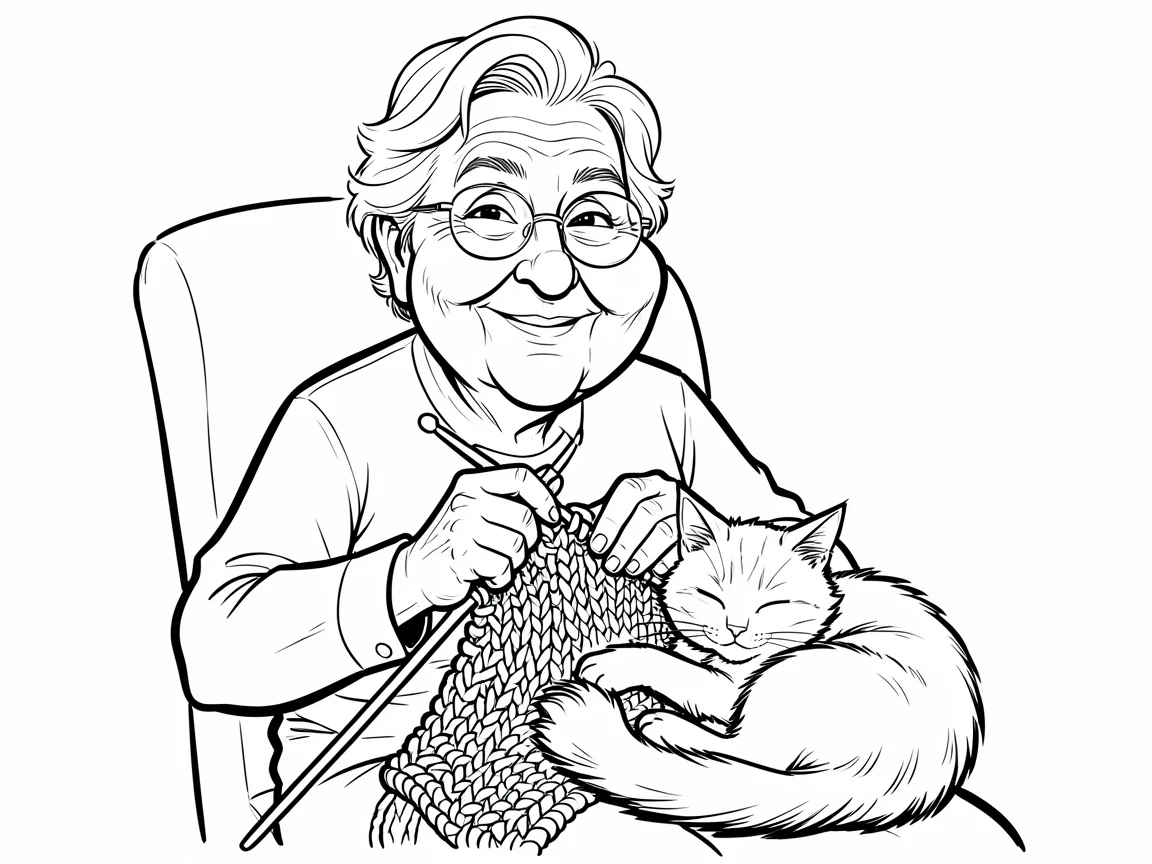 [People Portraits & Characters] Portrait of a gentle grandmother knitting a sweater with a cat curled on her lap, full of personality and charm