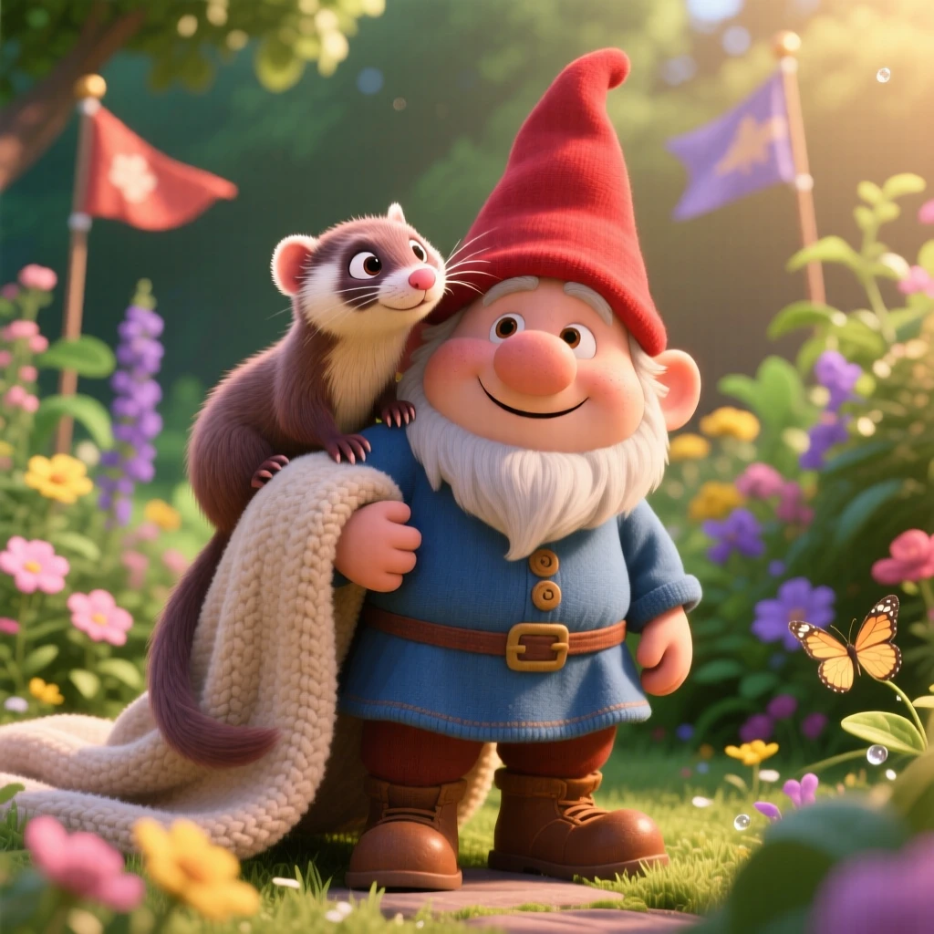 A curious ferret is perched on a garden gnome's shoulder, nuzzling against a soft blanket. The mood is soft, tender, and endearing, with warm colors filling the background.