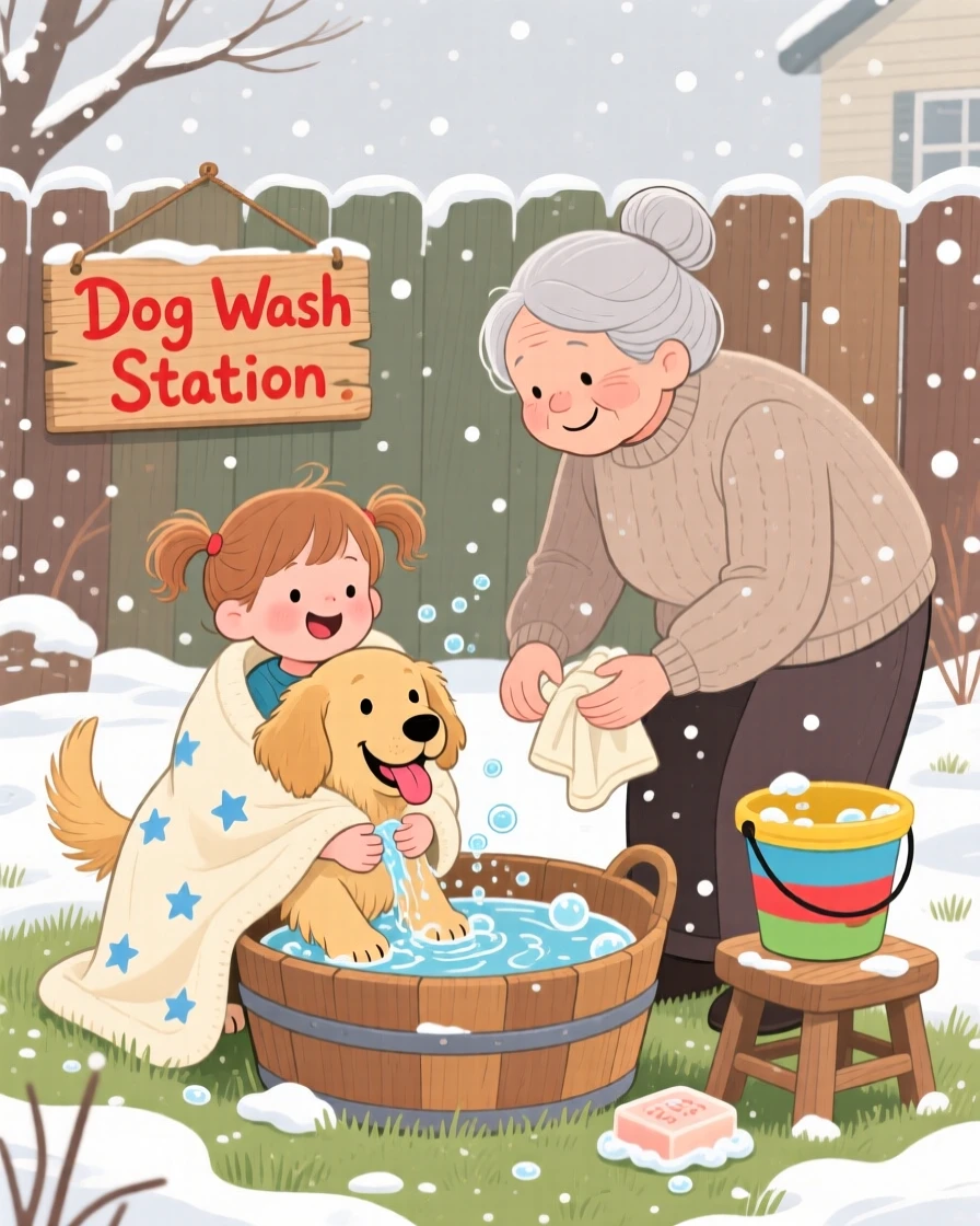 With her grandmother close by, a child wrapped in a cozy blanket is washing a happy dog in the backyard, while soft snow falls outside.