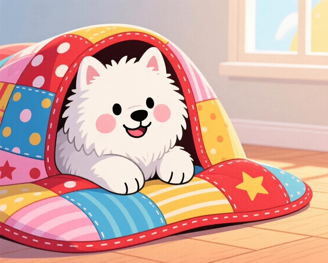A fluffy Samoyed puppy snuggling under a patchwork quilt.