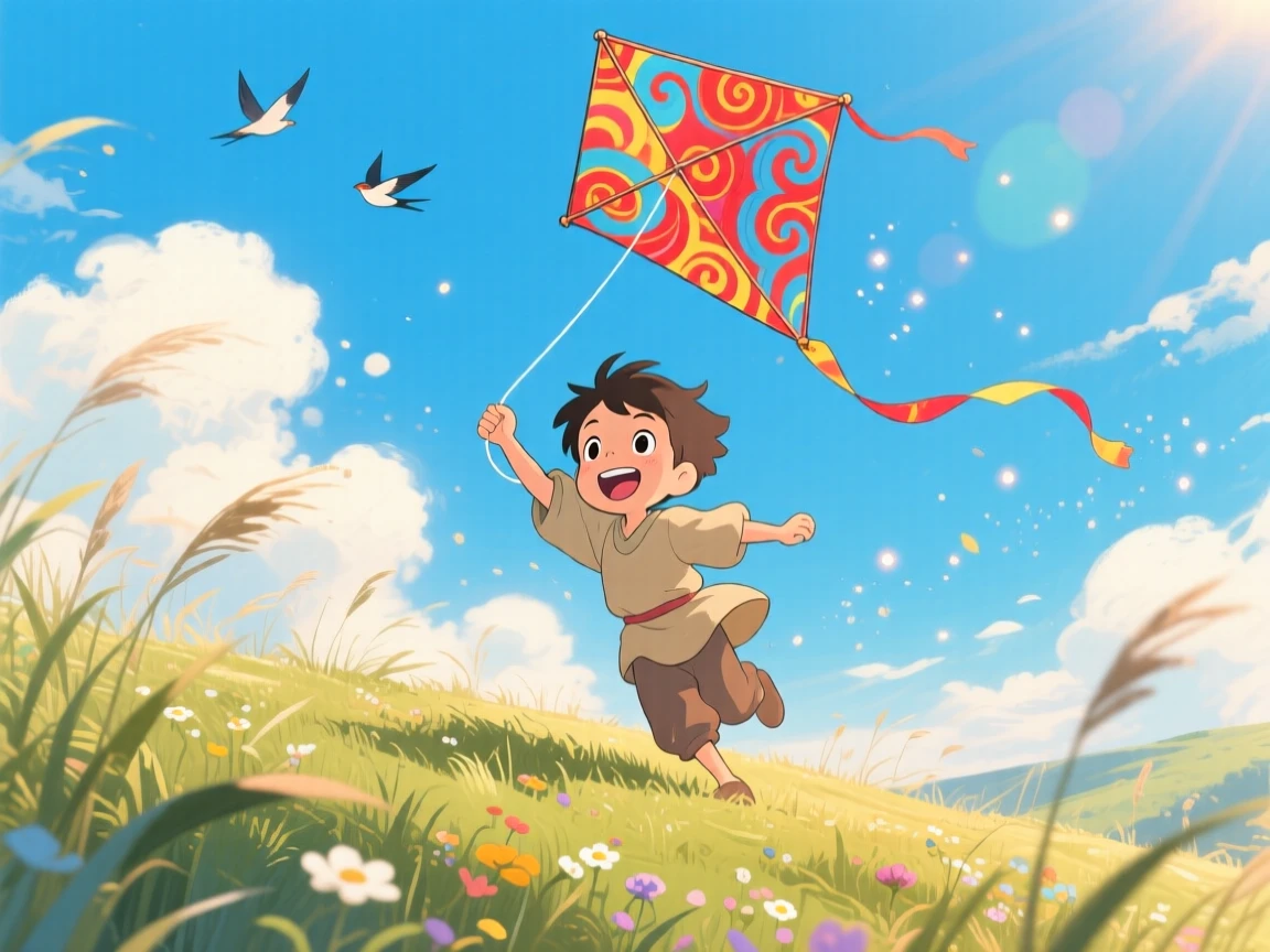 A boy flying a kite on a windy hilltop, the moment full of laughter and energy.