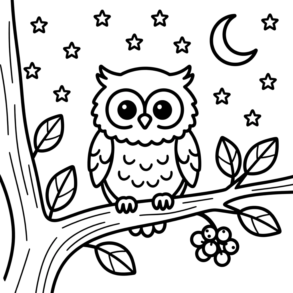 A baby owl perched on a branch under a starry night sky