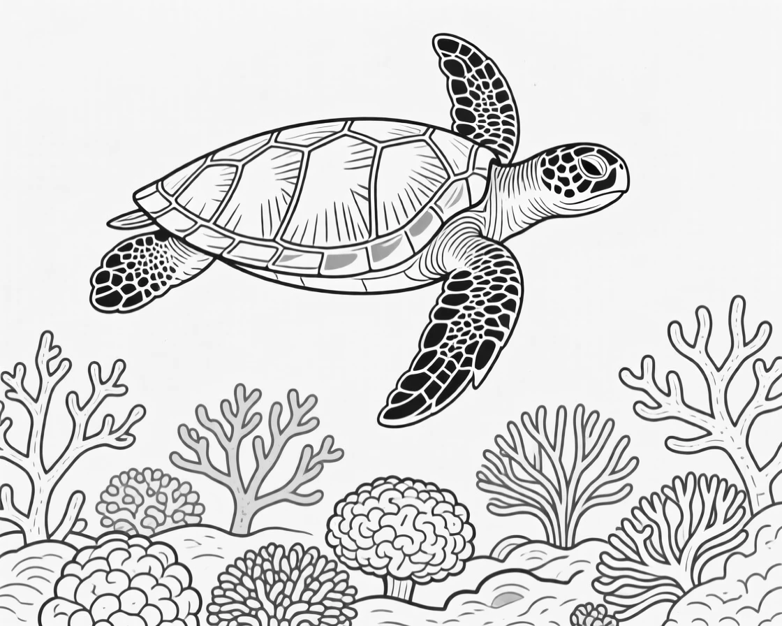 A sea turtle gliding over a coral reef