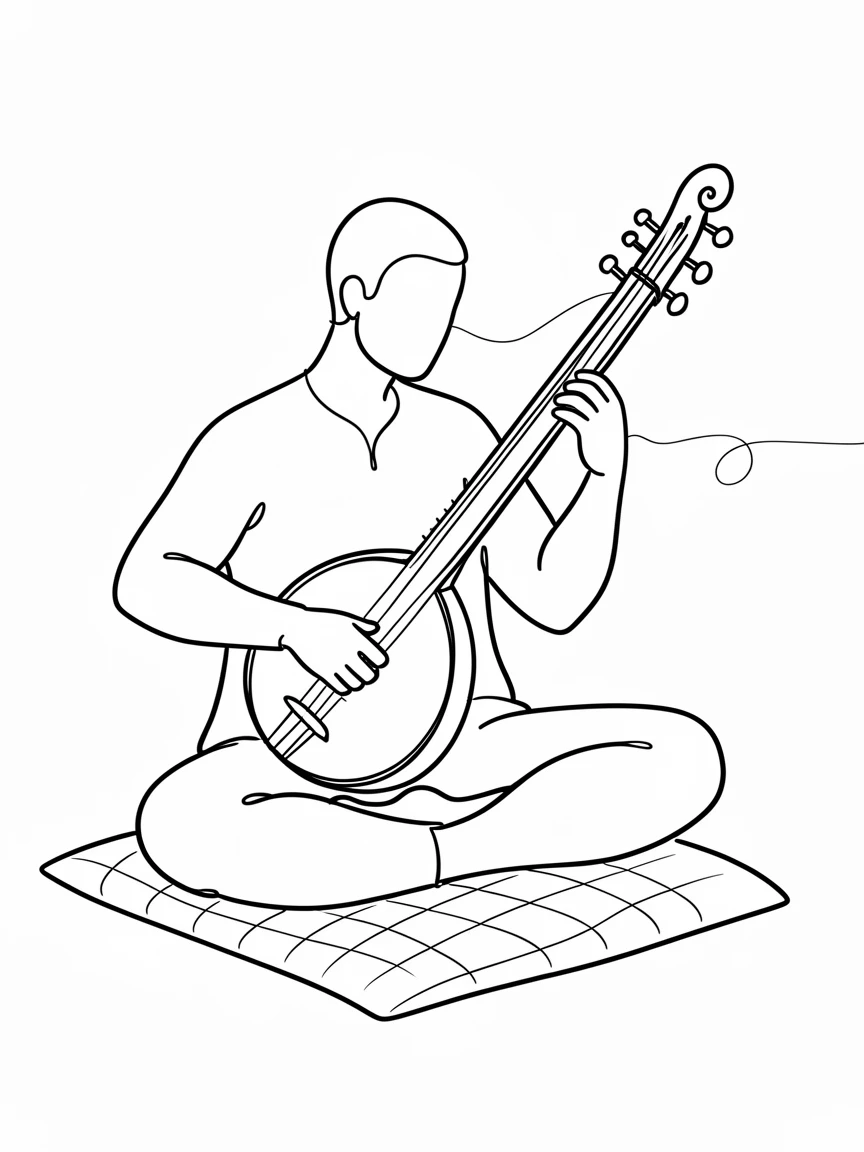A sitar player performing cross-legged on a woven floor cushion