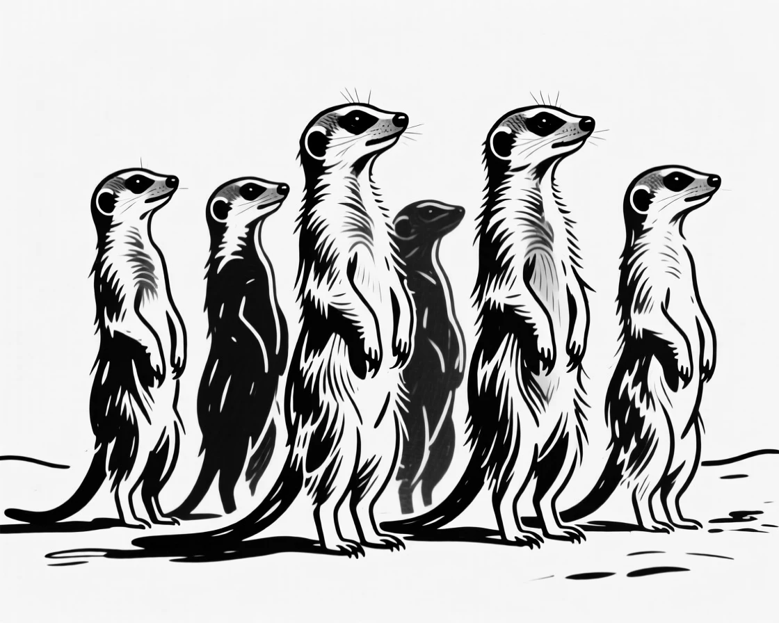 A group of meerkats standing upright on their hind legs, alert and watching the horizon.