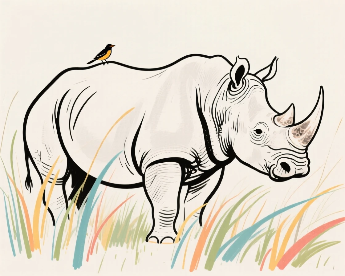 A rhinoceros standing in tall grass with an oxpecker bird on its back.