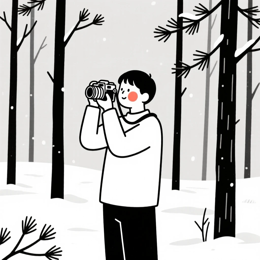 A photographer adjusting a vintage camera, looking hopeful toward the horizon, in a snow-covered pine forest.