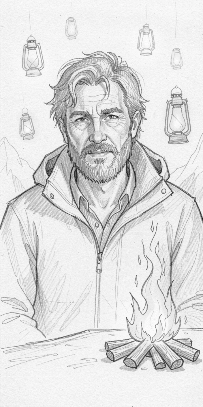 A tender portrait of a rugged mountain guide, surrounded by floating lanterns, beside a crackling campfire.