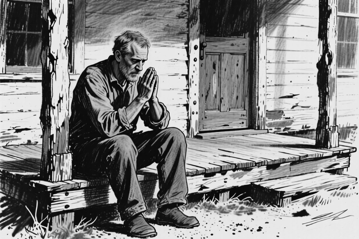 A father praying quietly with hands clasped together, on a rustic farmhouse porch.
