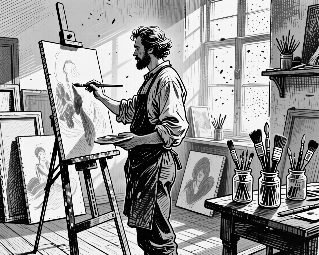 A painter standing before an easel in a sunlit studio, surrounded by canvases and jars of brushes.