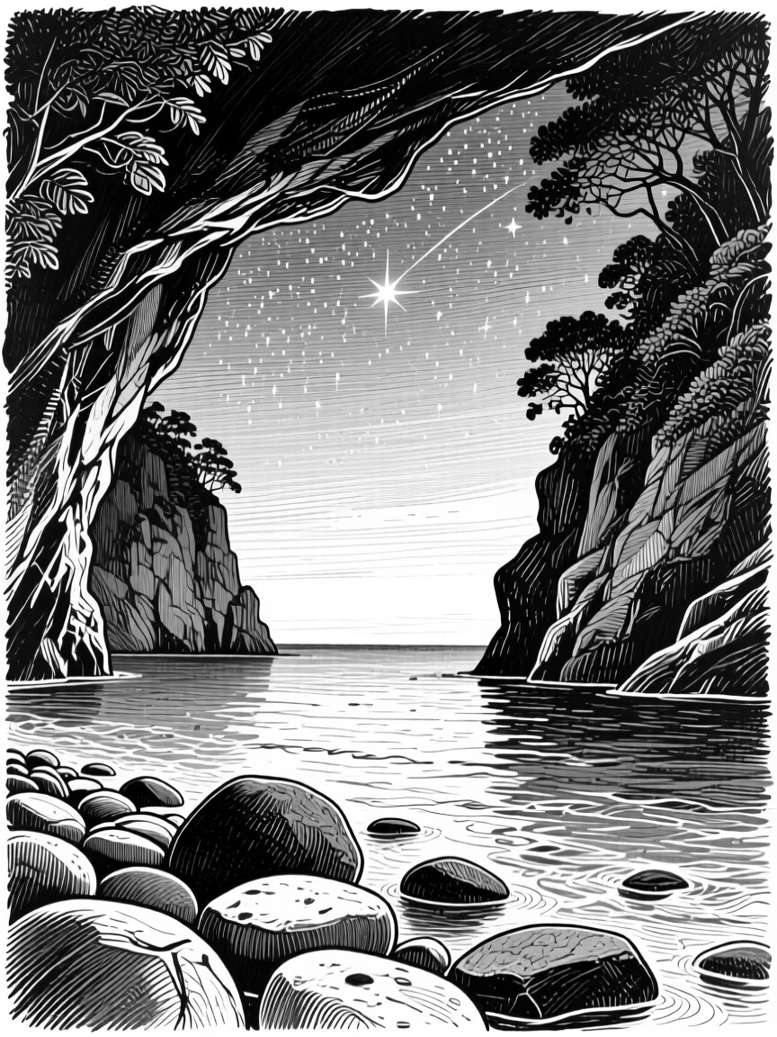 A hidden cove beneath a canopy of stars beginning to appear, with smooth stones worn by centuries of tide, evoking a gently nostalgic atmosphere in a wide, balanced composition.