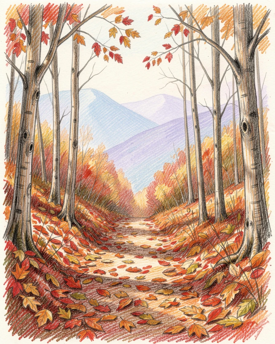 An autumn forest path carpeted in fallen red and gold leaves, with distant mountains fading into soft blue haze, designed to feel like a peaceful escape from everyday life.