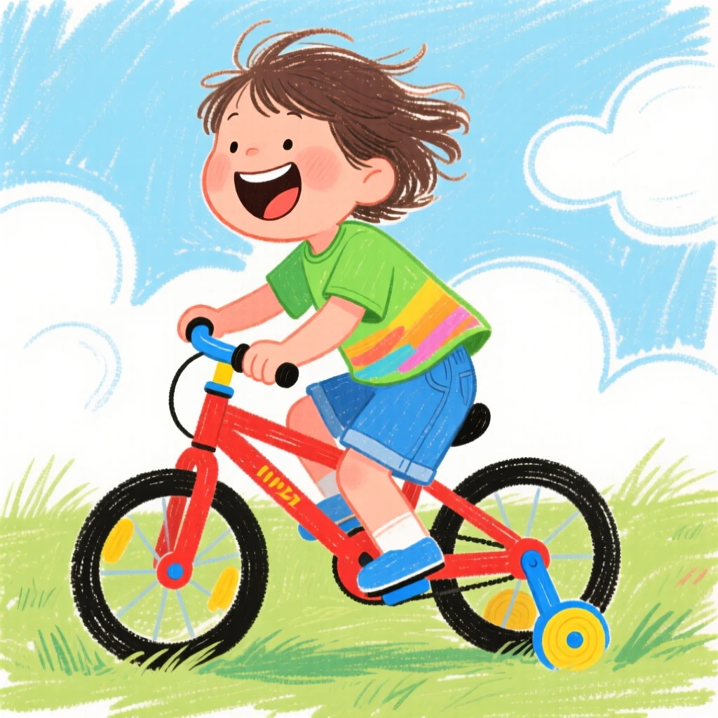 A child laughing while riding a bicycle with training wheels.