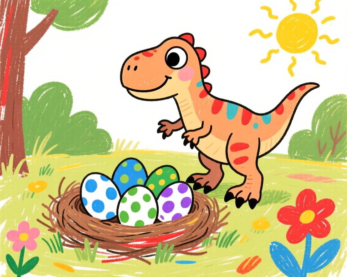 A curious baby velociraptor near a nest of speckled eggs in a warm clearing.