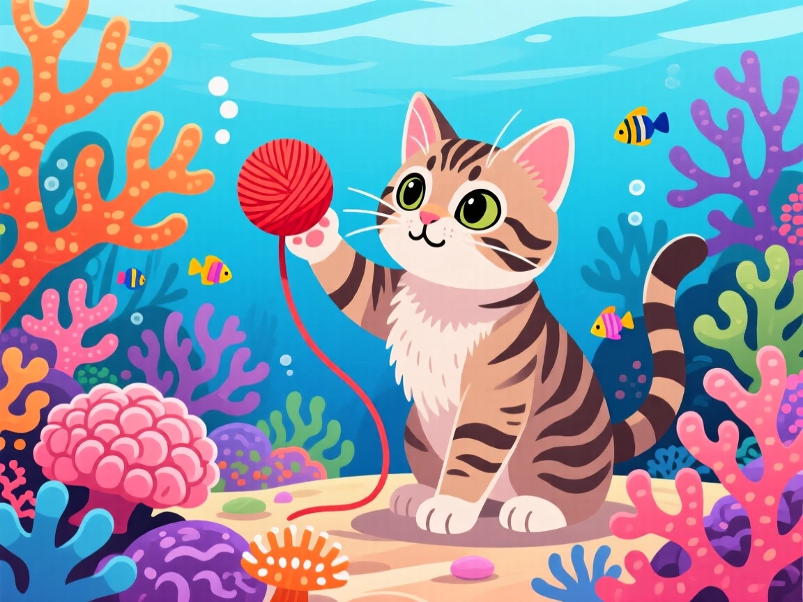 A tabby kitten batting at a ball of yarn, framed by a vibrant coral reef teeming with color, positioned slightly off-center following the rule of thirds, with a sense of playful curiosity captured perfectly.