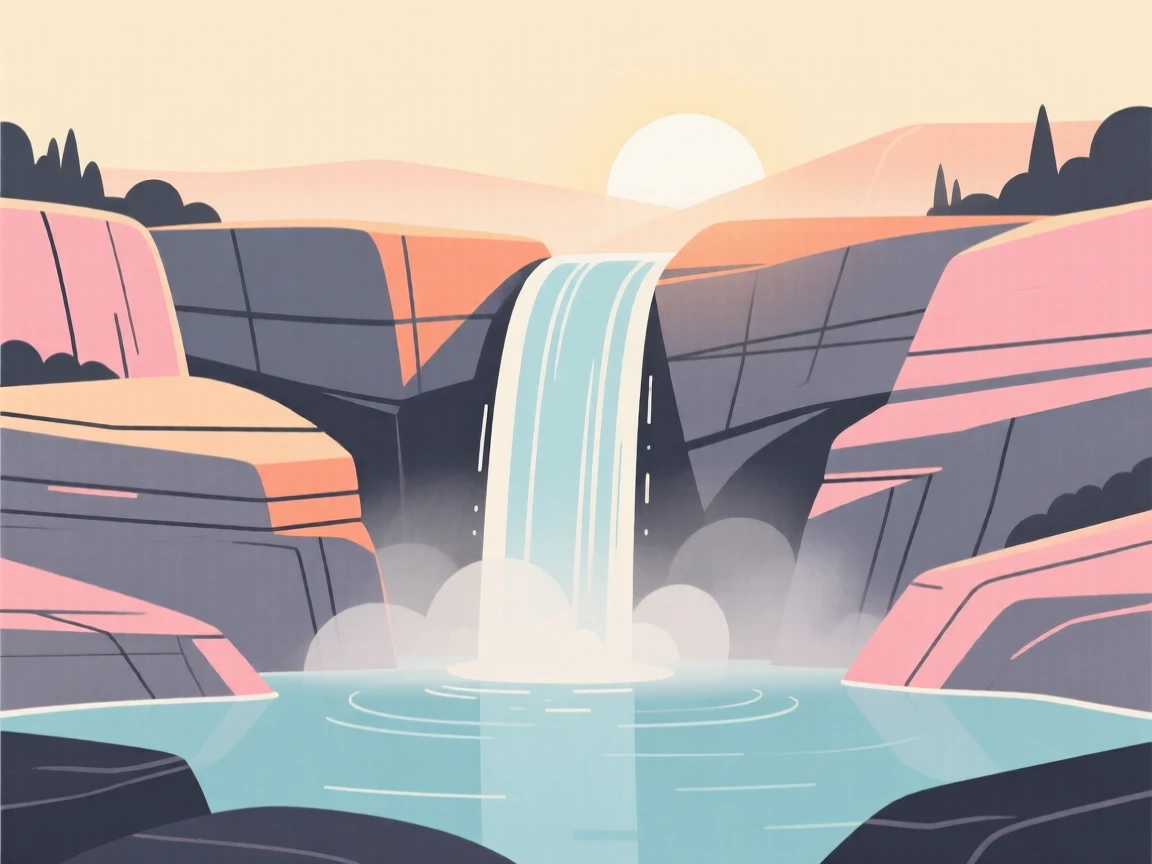 A misty waterfall basin at sunrise with soft light filtering through the layered rock formations.