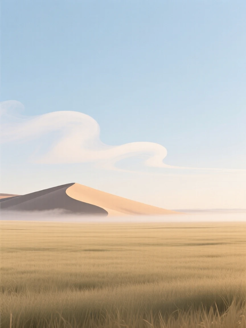 Sunlight falling across an open prairie under a wide sky as a desert dune moves slowly past drifting fog, evoking gentle stillness.