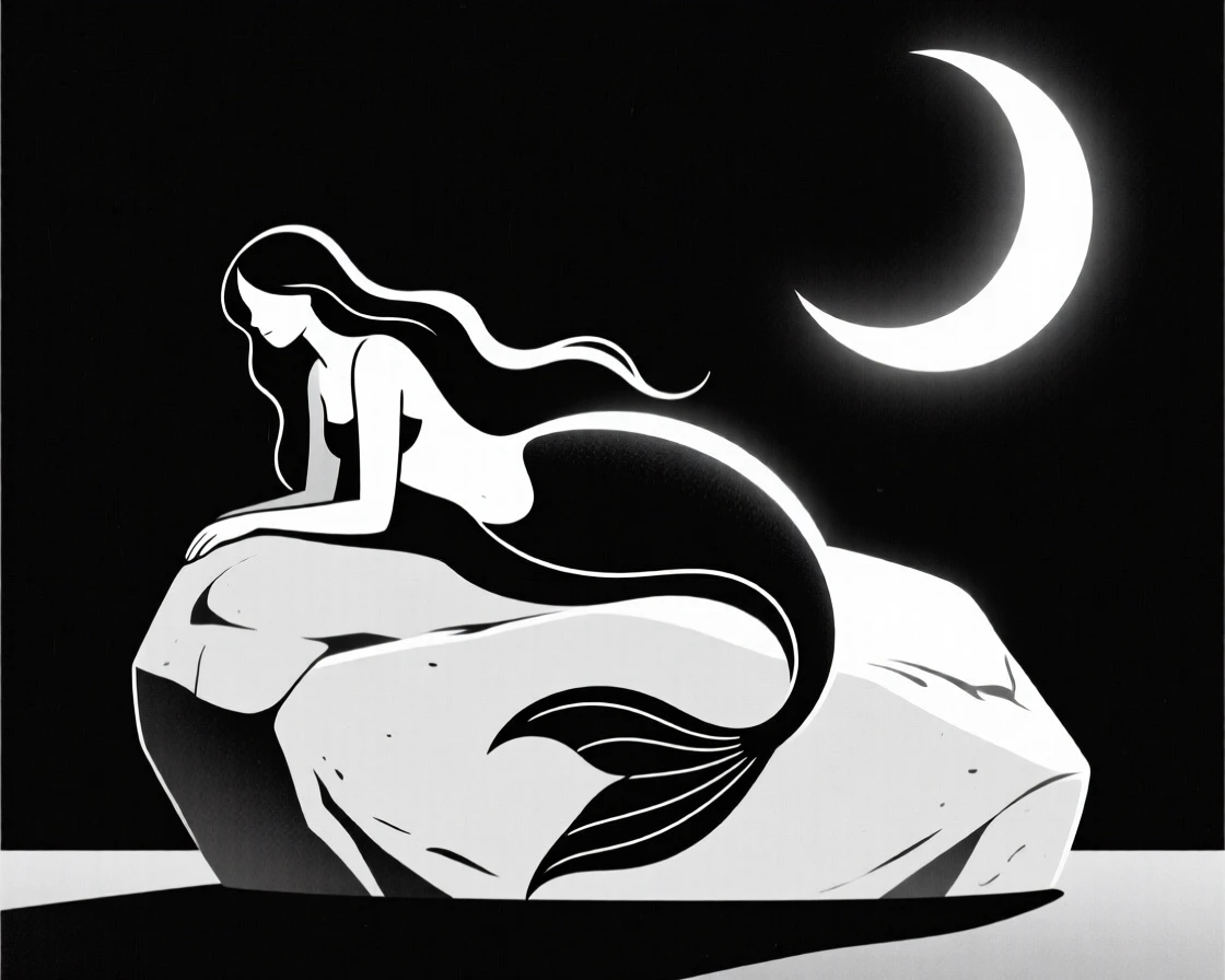 A mermaid resting on a moonlit rock.