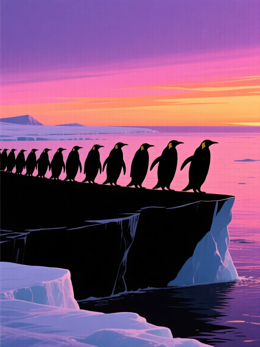 A colony of penguins waddling in a long line across an ice shelf toward the sea.