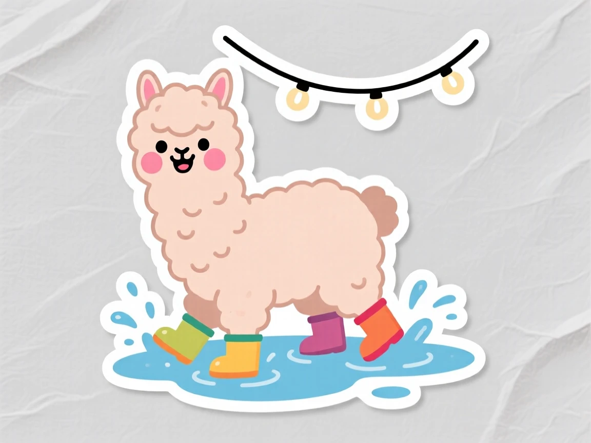 A rosy-cheeked fluffy alpaca splashing in a puddle wearing tiny boots, under a string of fairy lights.