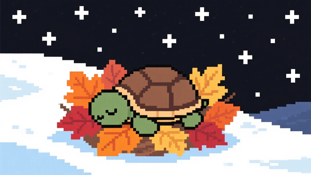 A tiny turtle asleep in a nest of autumn leaves, on a snowy hillside under the stars.