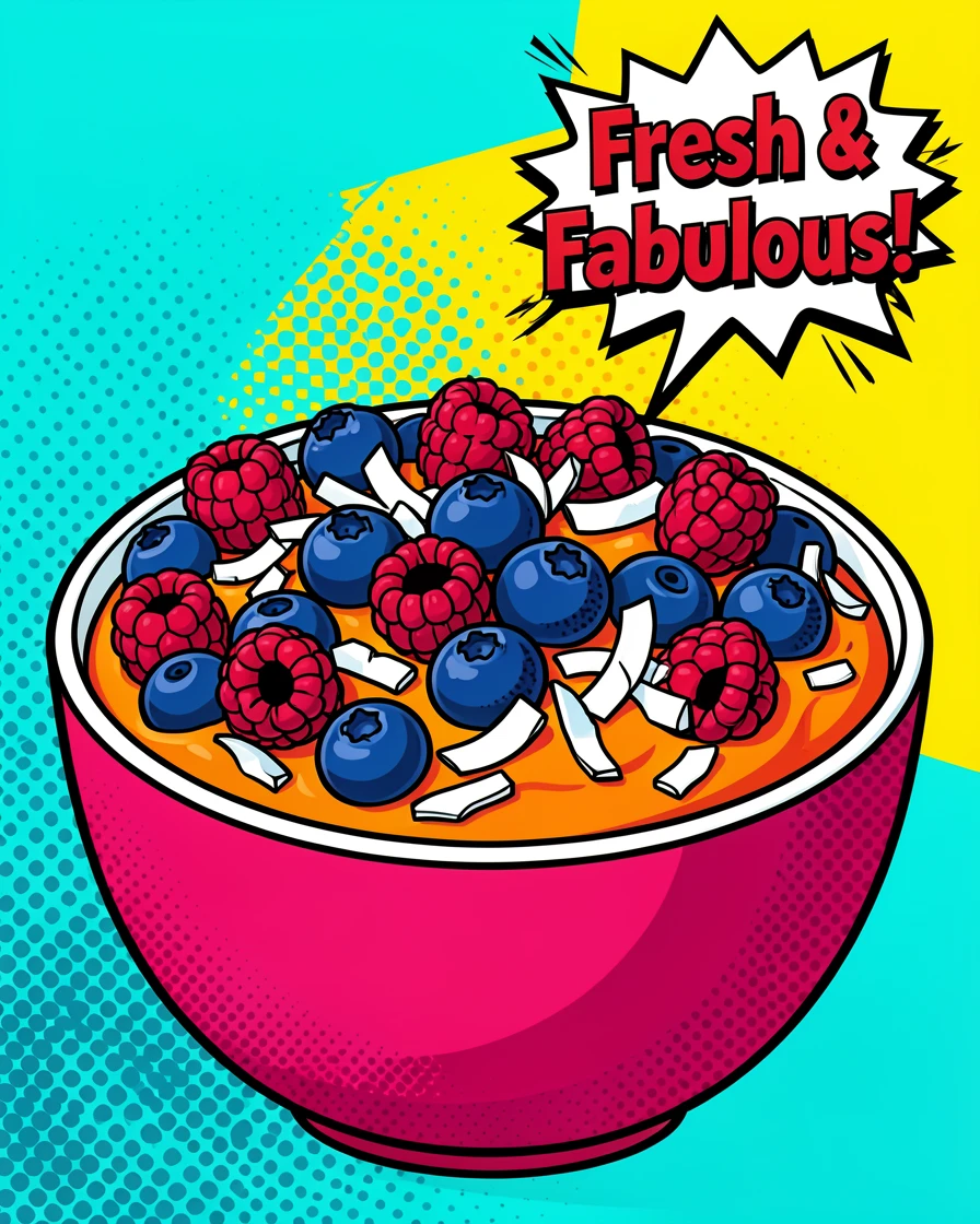 An elaborate smoothie bowl topped with fresh berries and coconut