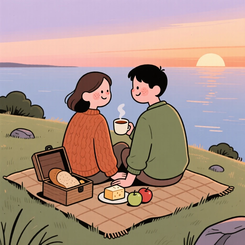 A couple shares a quiet moment on a hillside overlook at sunset, sharing a simple meal as the last light fades over the water surrounds them.
